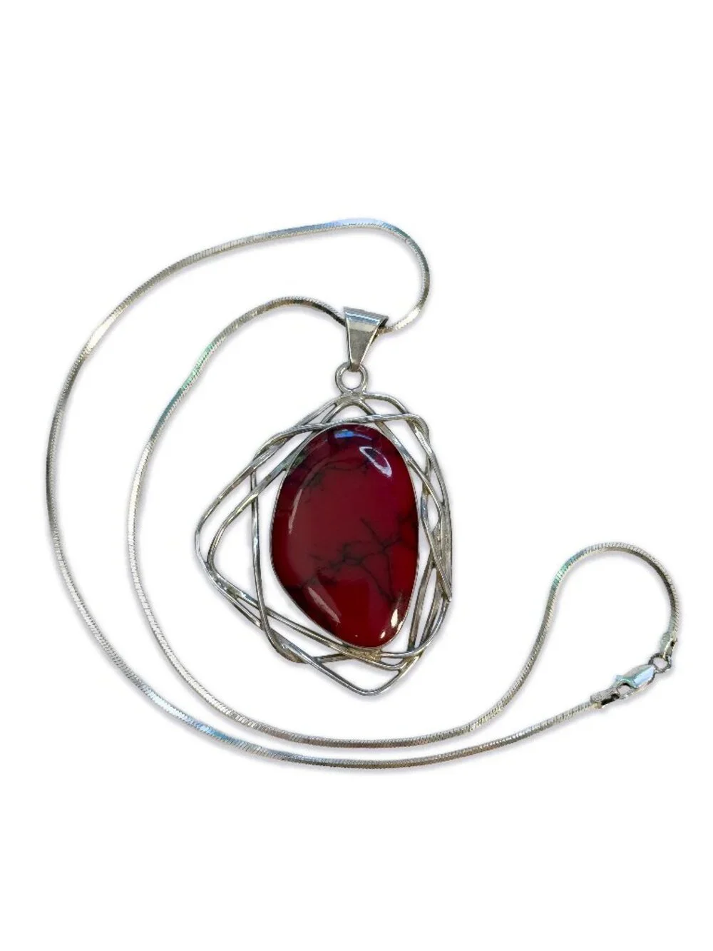 Mexican Red Jasper Sterling Silver Wire Pendant Italian 925 FAS Chain Necklace